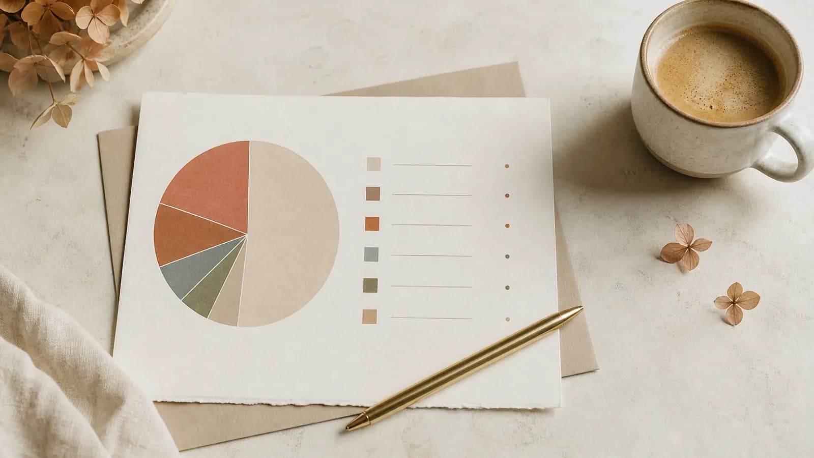 Eine Aufstellung der Hochzeitskosten nach Kategorien auf einem Tisch mit Stift und Kaffee