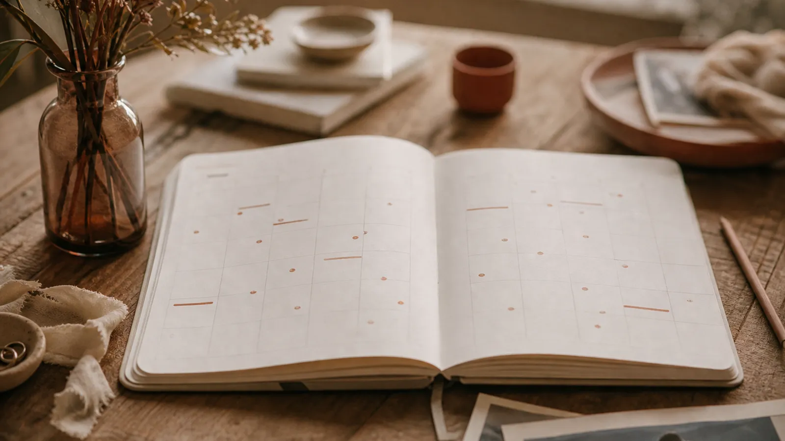 A year planner open on a desk with wedding tasks marked across the months