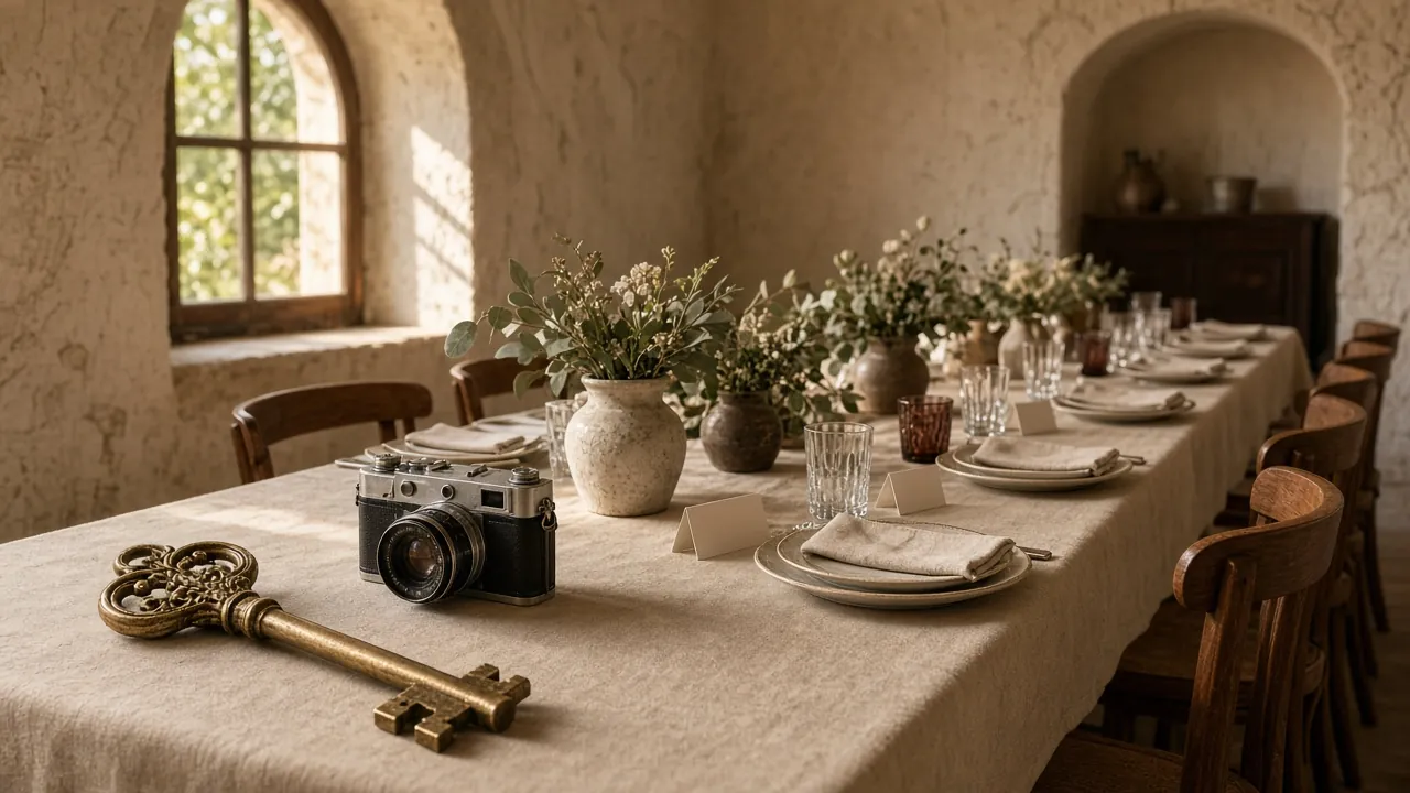 A venue key and camera at the end of a long reception table set with repeated place settings