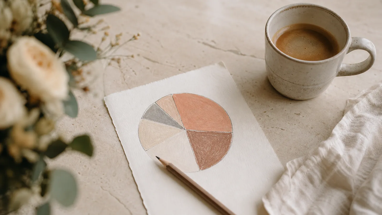 A pie-chart sketch of a wedding budget breakdown on paper beside a coffee