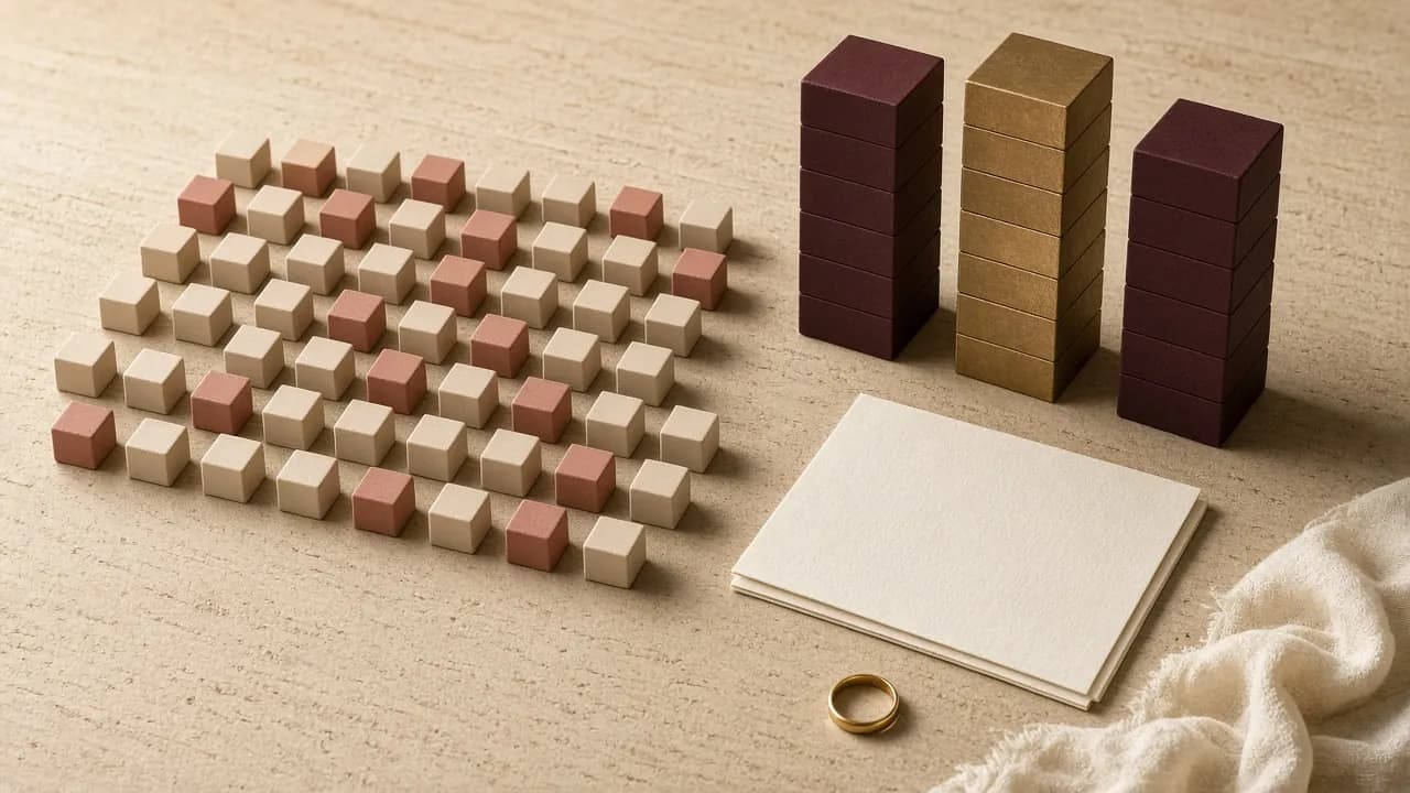 Many low cream and terracotta blocks beside three much taller wine and brass stacks