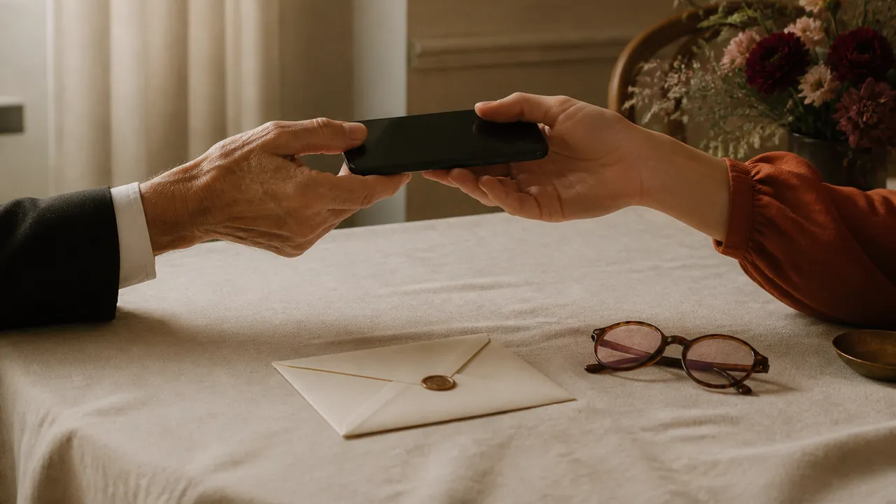 An older and younger guest passing a phone across a linen-covered table