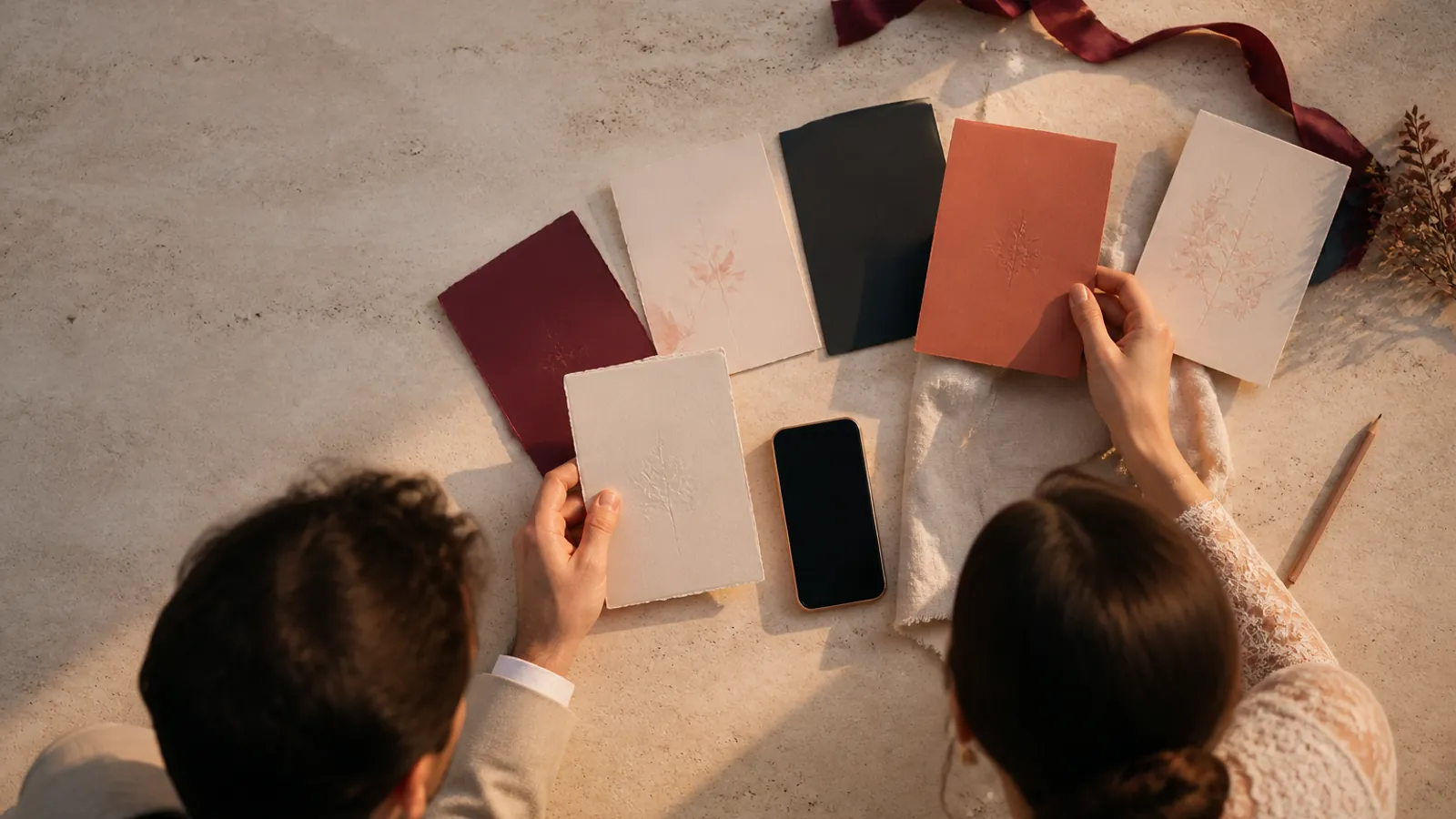A couple comparing invitation materials beside a face-down phone on a warm stone table