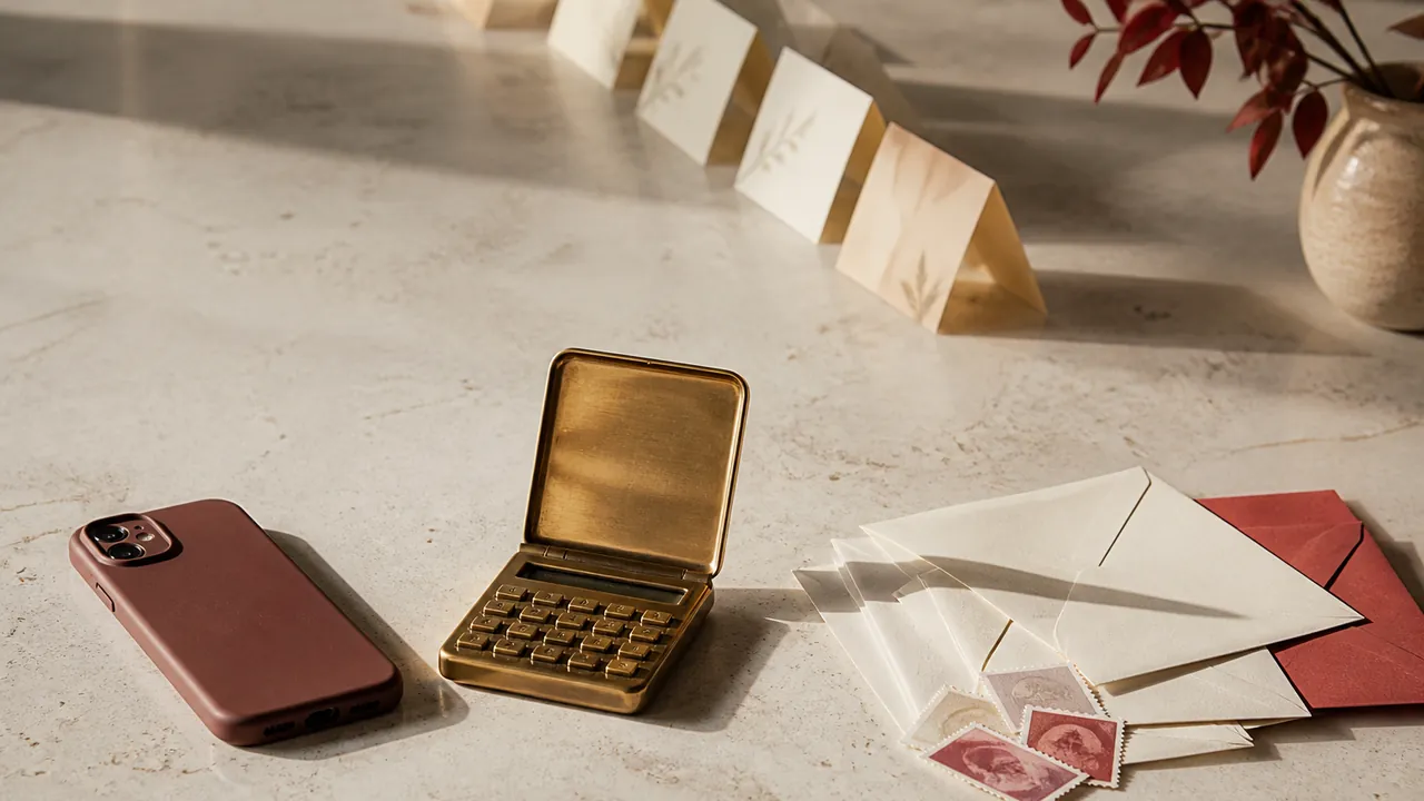 A phone, calculator, envelopes and household place cards arranged for a total-price comparison