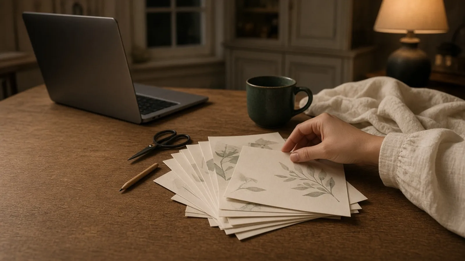 A laptop seen side-on at a home table late in the evening, its screen turned away, beside a pile of discarded save-the-date test prints as a hand lays another on top, with a cold cup of tea under a warm lamp