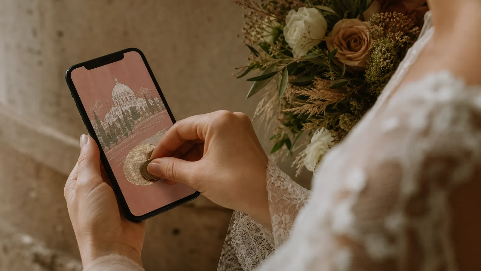 A phone showing an animated save-the-date with a foil panel being scratched to reveal a date