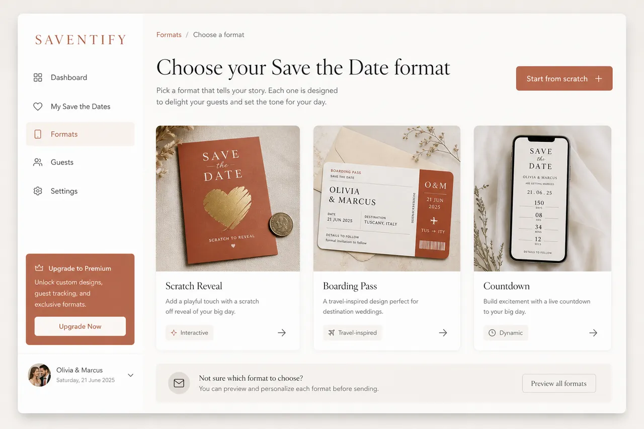 A gallery of digital save-the-date formats including scratch reveal, boarding pass and countdown