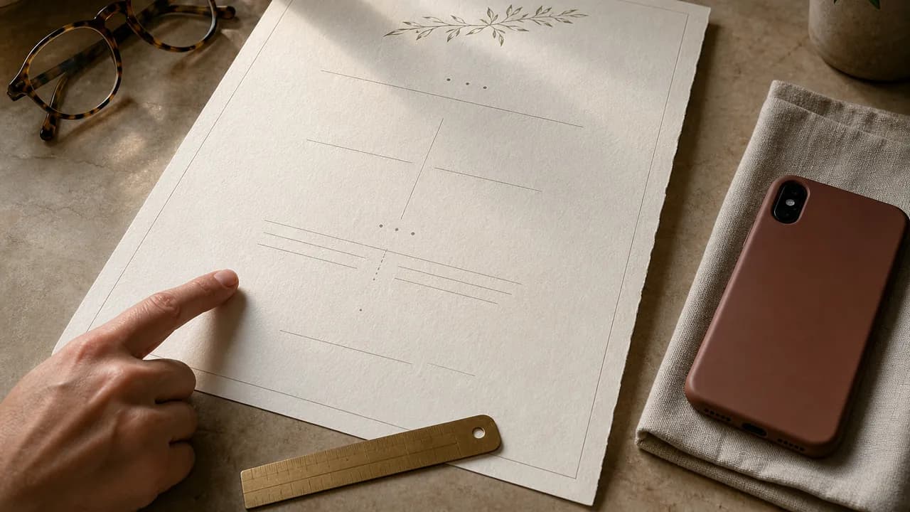 Reading glasses, a generously spaced invitation sheet and a phone prepared for a guest readability check