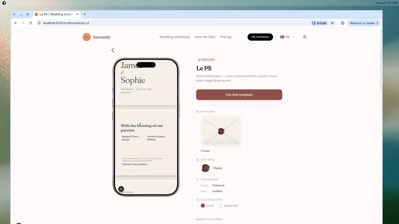 The English Le Pli template page with a real phone preview of the invitation