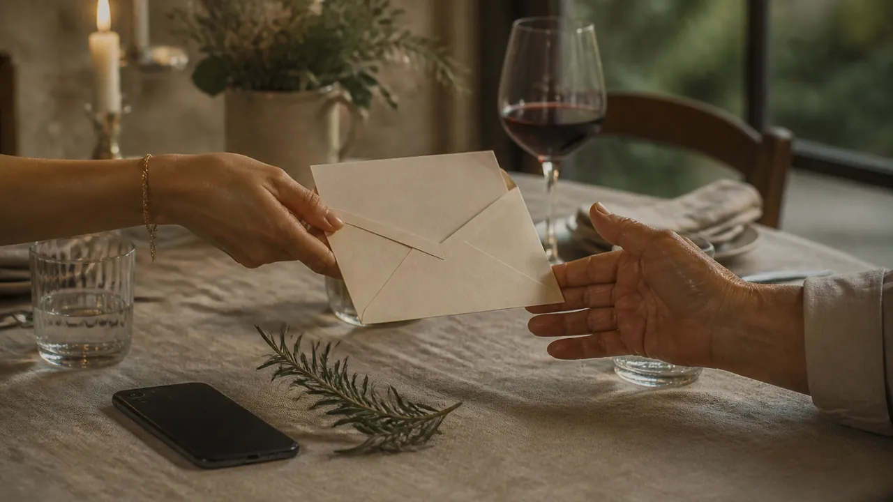 A paper invitation being passed across a table beside a phone as an offline fallback