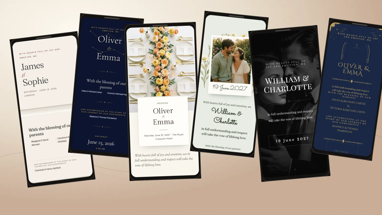 Six English digital wedding invitation previews arranged across overlapping phones