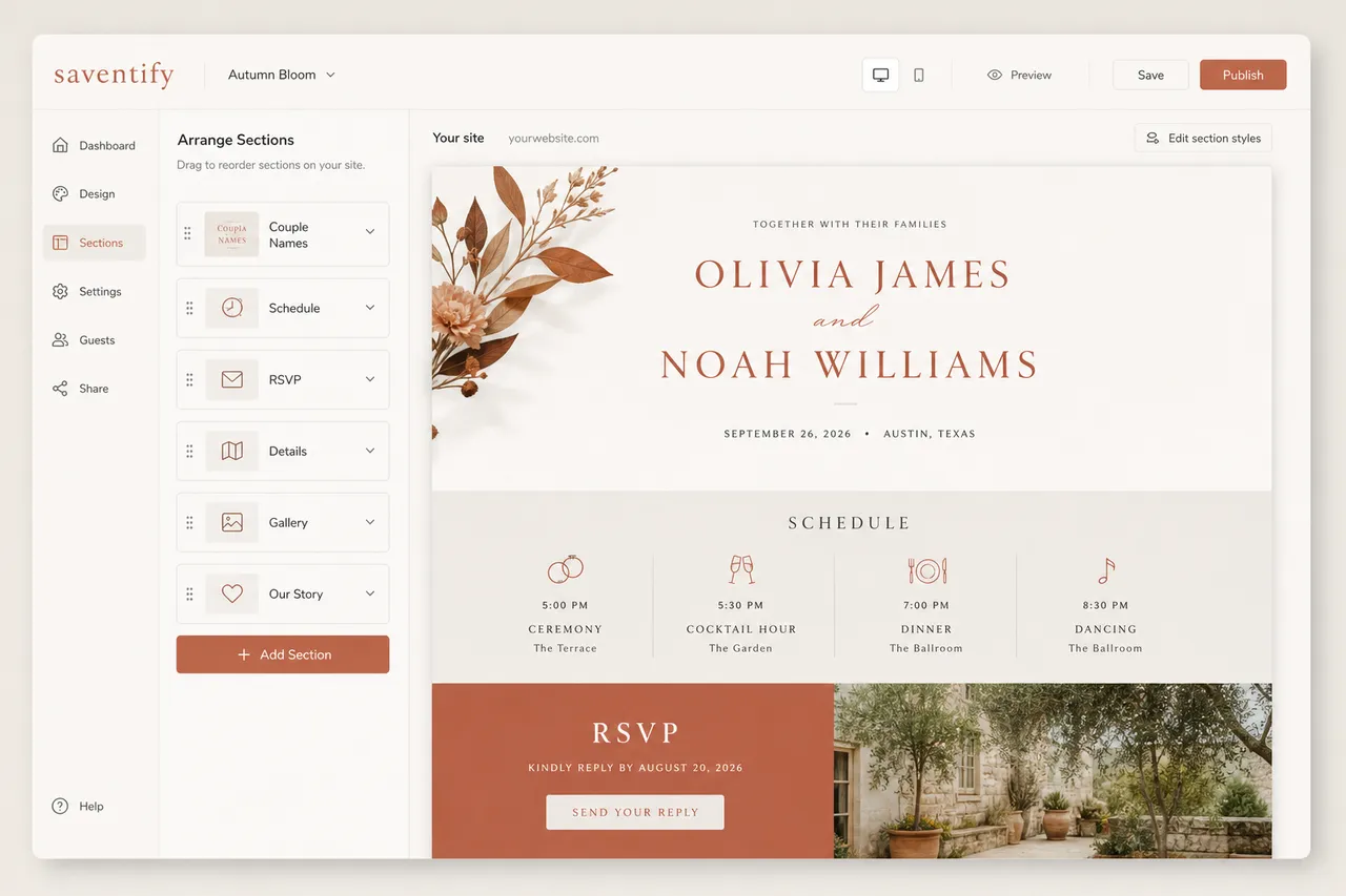The Saventify editor showing sections for couple names, schedule and RSVP being arranged