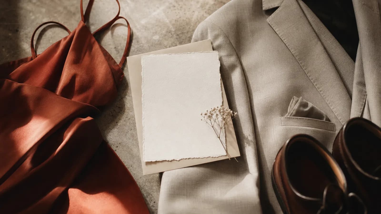 A wedding invitation with a dress code line, beside a folded suit and a dress