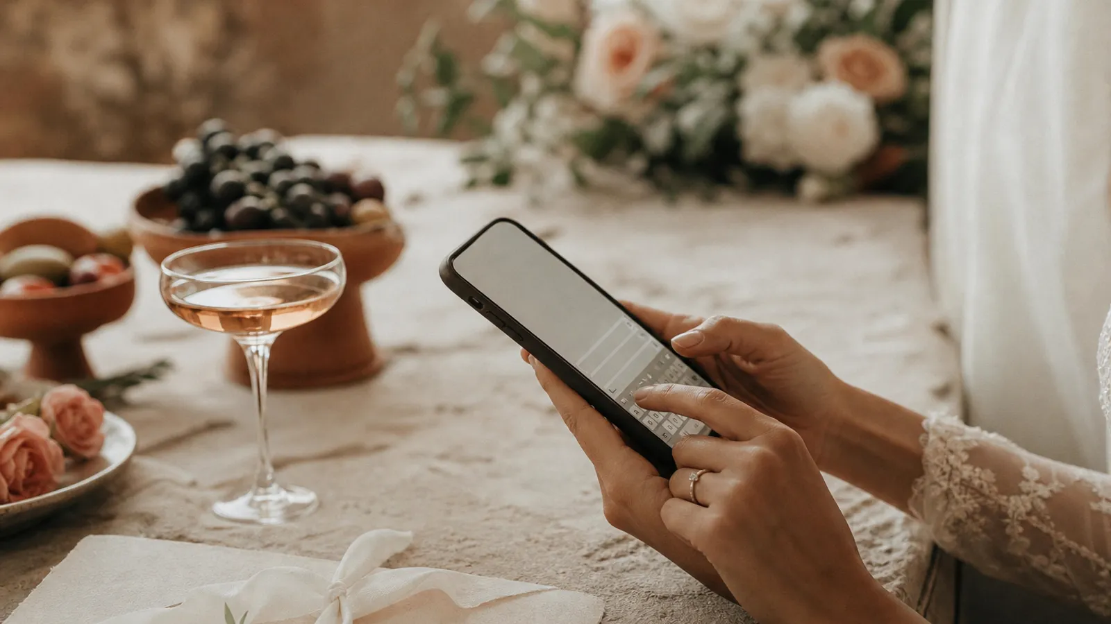 A phone showing a gentle RSVP reminder message being typed to a wedding guest