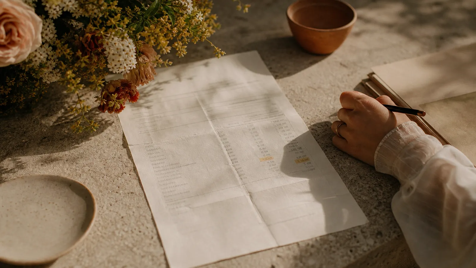 A wedding invoice with small extra line items highlighted in warm light