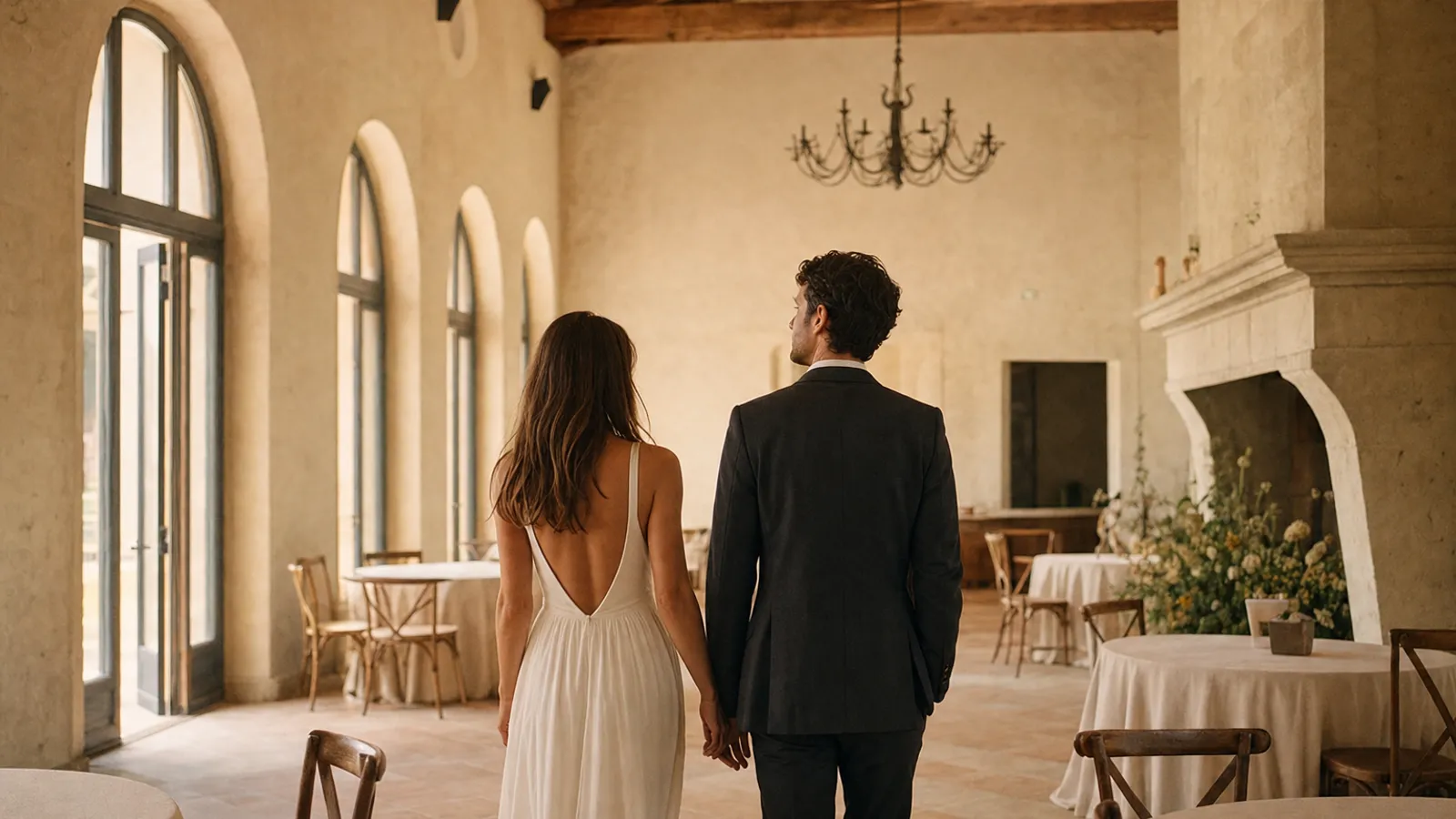 A couple touring a wedding venue, looking around a light-filled reception space