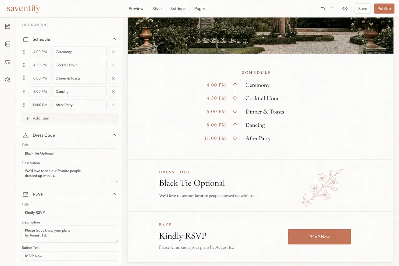 The Saventify editor with the schedule, dress code and RSVP sections being filled in