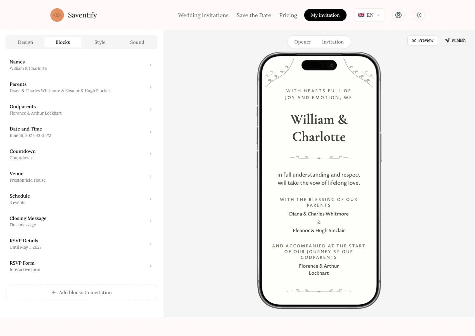 The Saventify editor showing content blocks for names, parents, godparents, date, countdown, venue, schedule and RSVP next to a live phone preview of the invitation