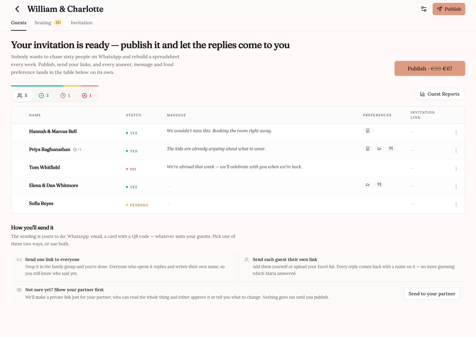 The Saventify guests dashboard with attending, declined and pending statuses, guest messages, preference icons and the two sending options below the table