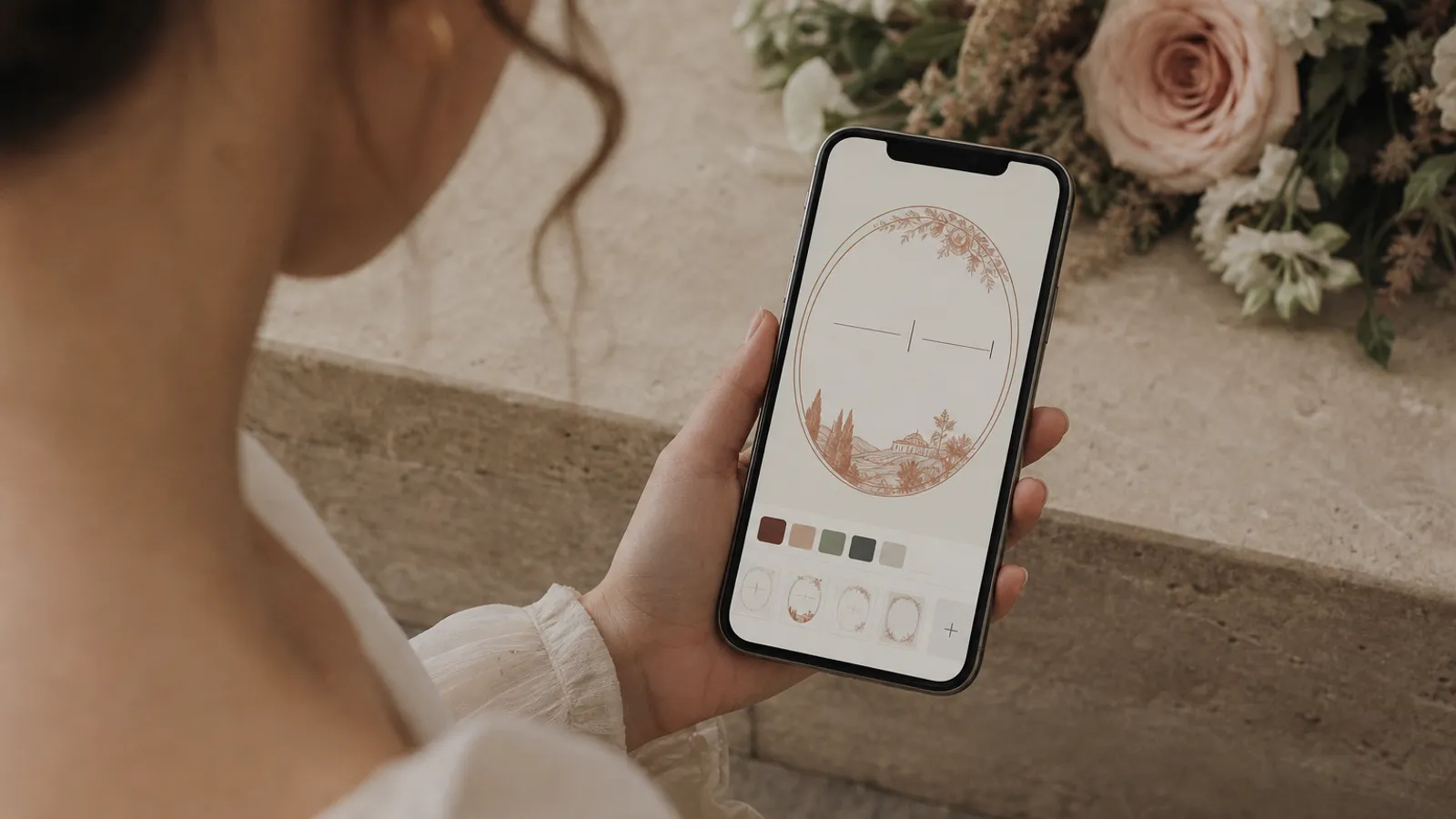Hands holding a phone showing a wedding invitation editor with the couple's names being typed in