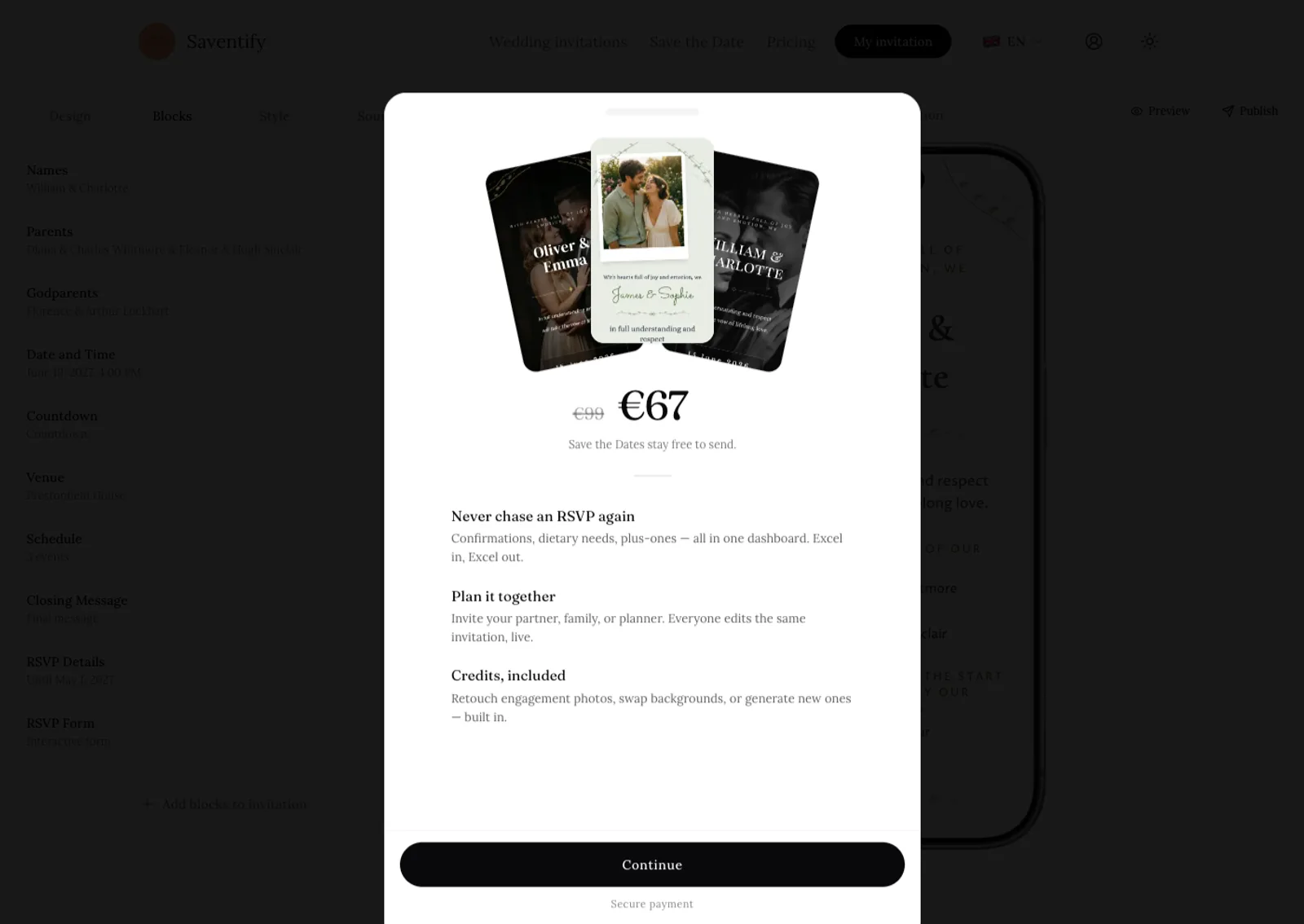 The Saventify publish dialog showing the one-time 67 euro price and what is included: RSVP dashboard, collaboration and photo credits