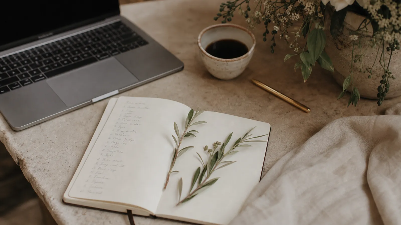 A notebook with a handwritten guest list beside a laptop and coffee