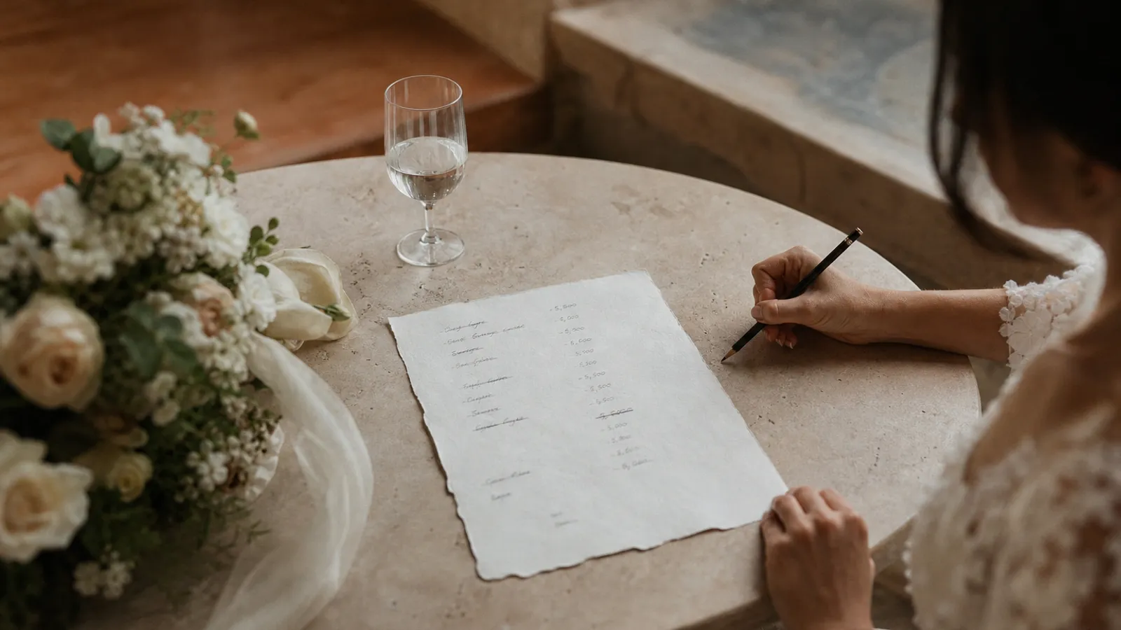 A wedding budget with several line items crossed out and lower numbers written in