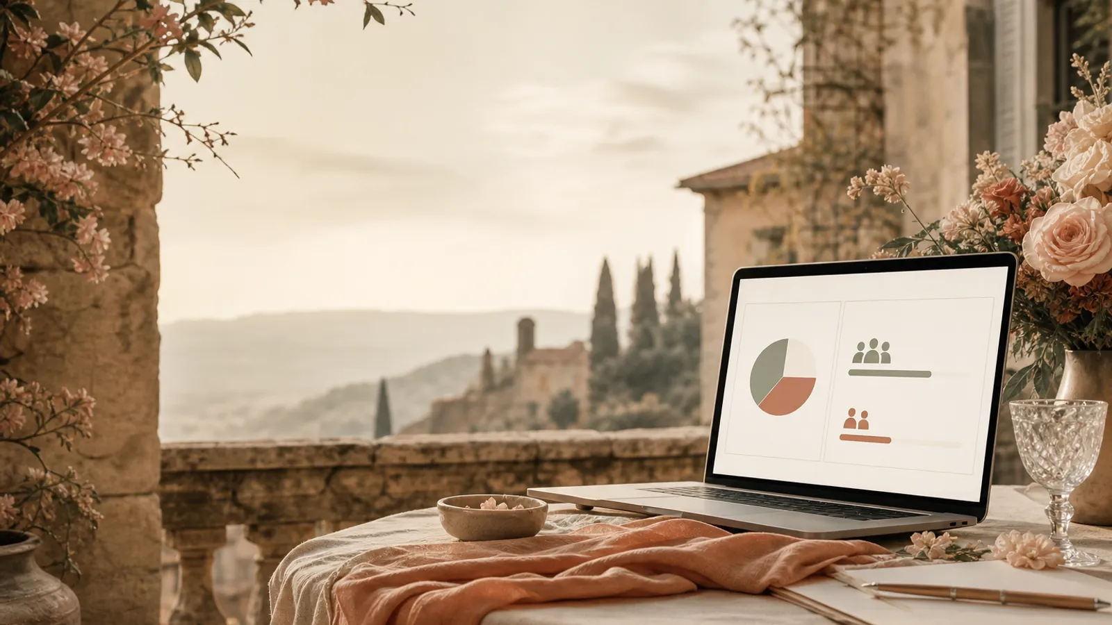A laptop showing a wedding RSVP dashboard with attending and declined counts