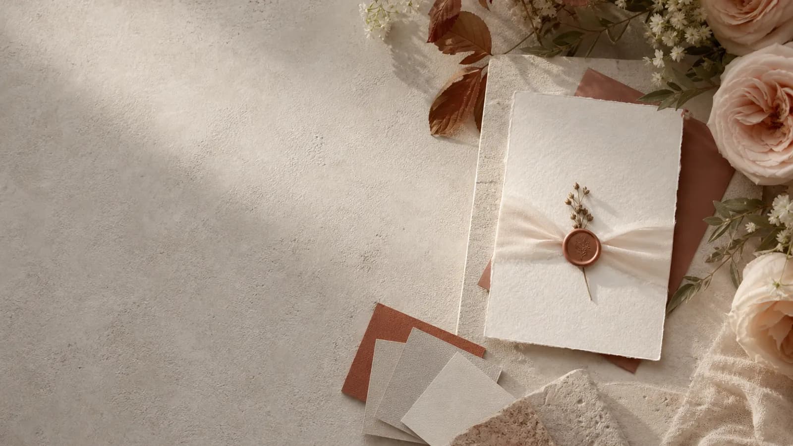 A wedding invitation laid beside theme swatches and flowers in a matching palette