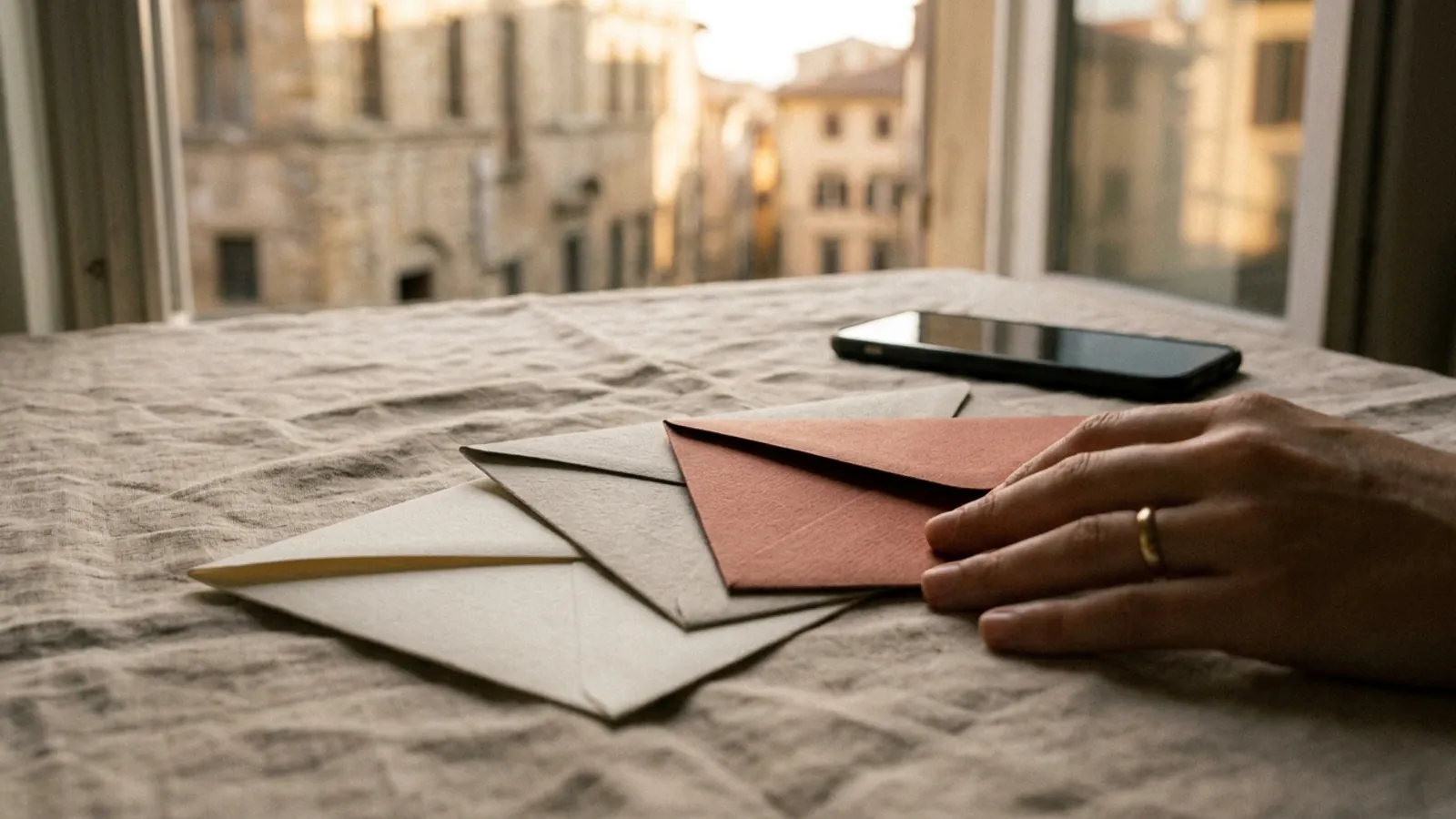 A hand gathering three envelopes in cream, stone and terracotta next to a phone on a linen tablecloth