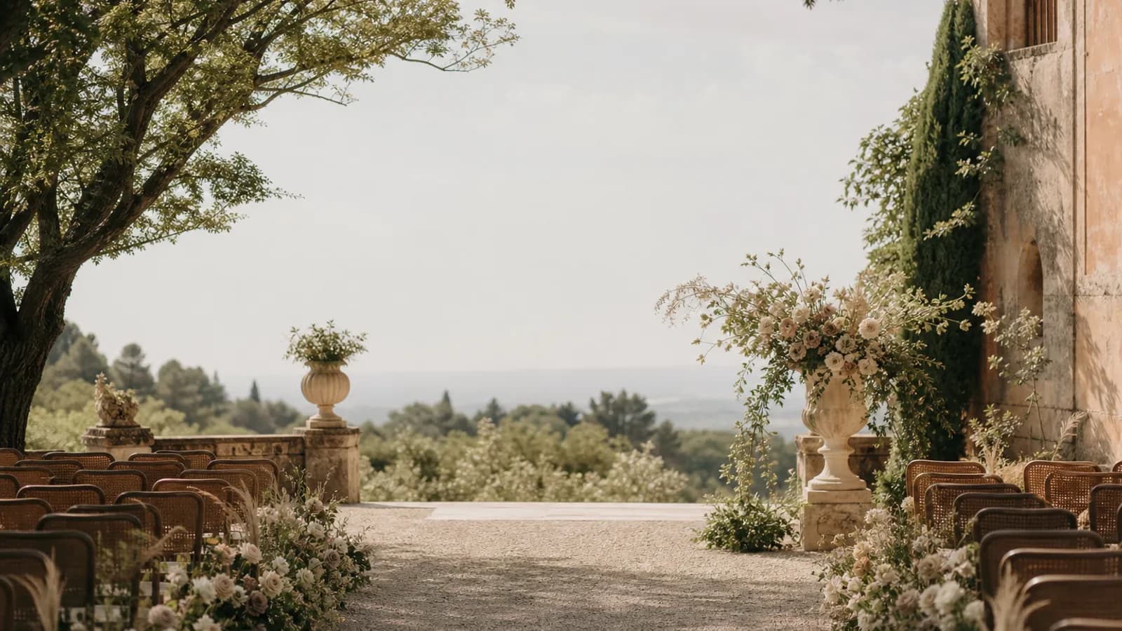 A garden wedding ceremony set among trees with soft natural light