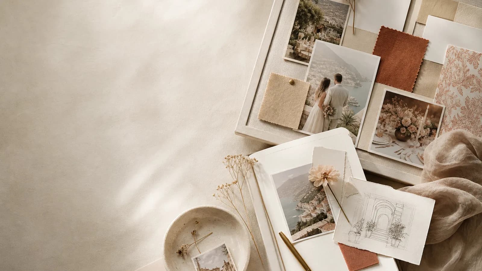 A wedding planner's mood board and a couple's own planning notebook side by side