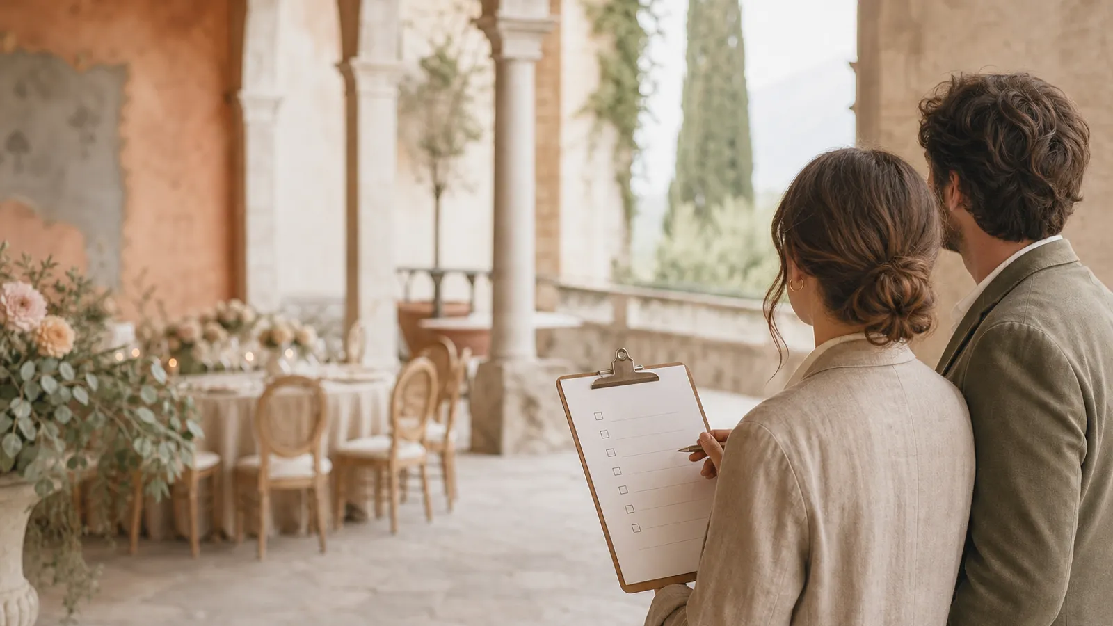 A checklist of venue questions on a clipboard during a wedding venue tour