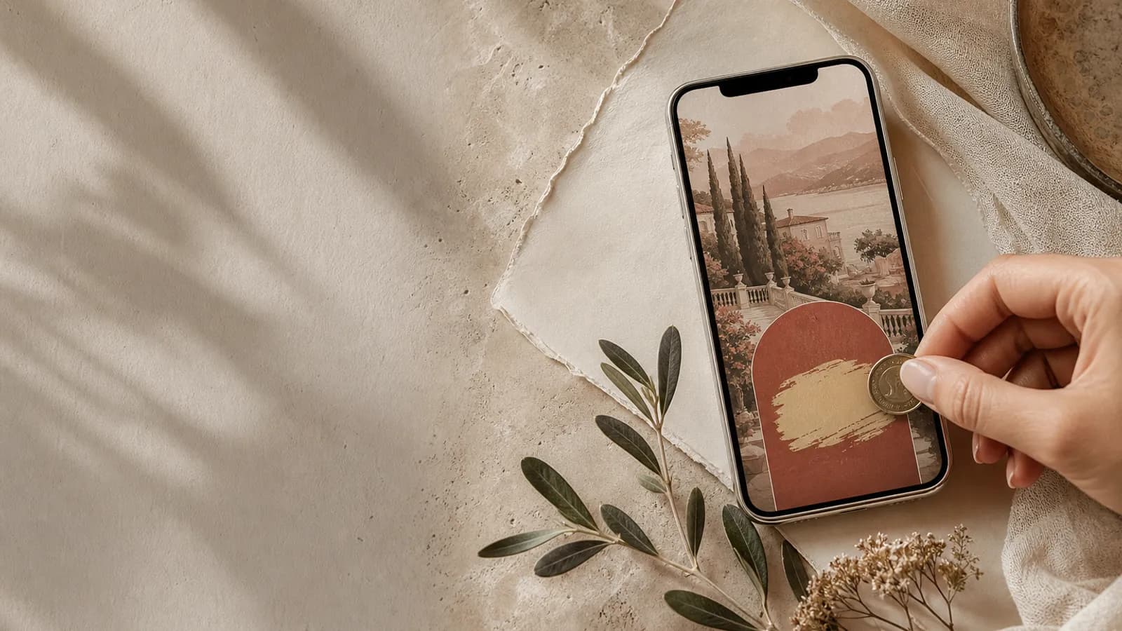 A phone showing an animated save-the-date with a scratch-to-reveal date panel