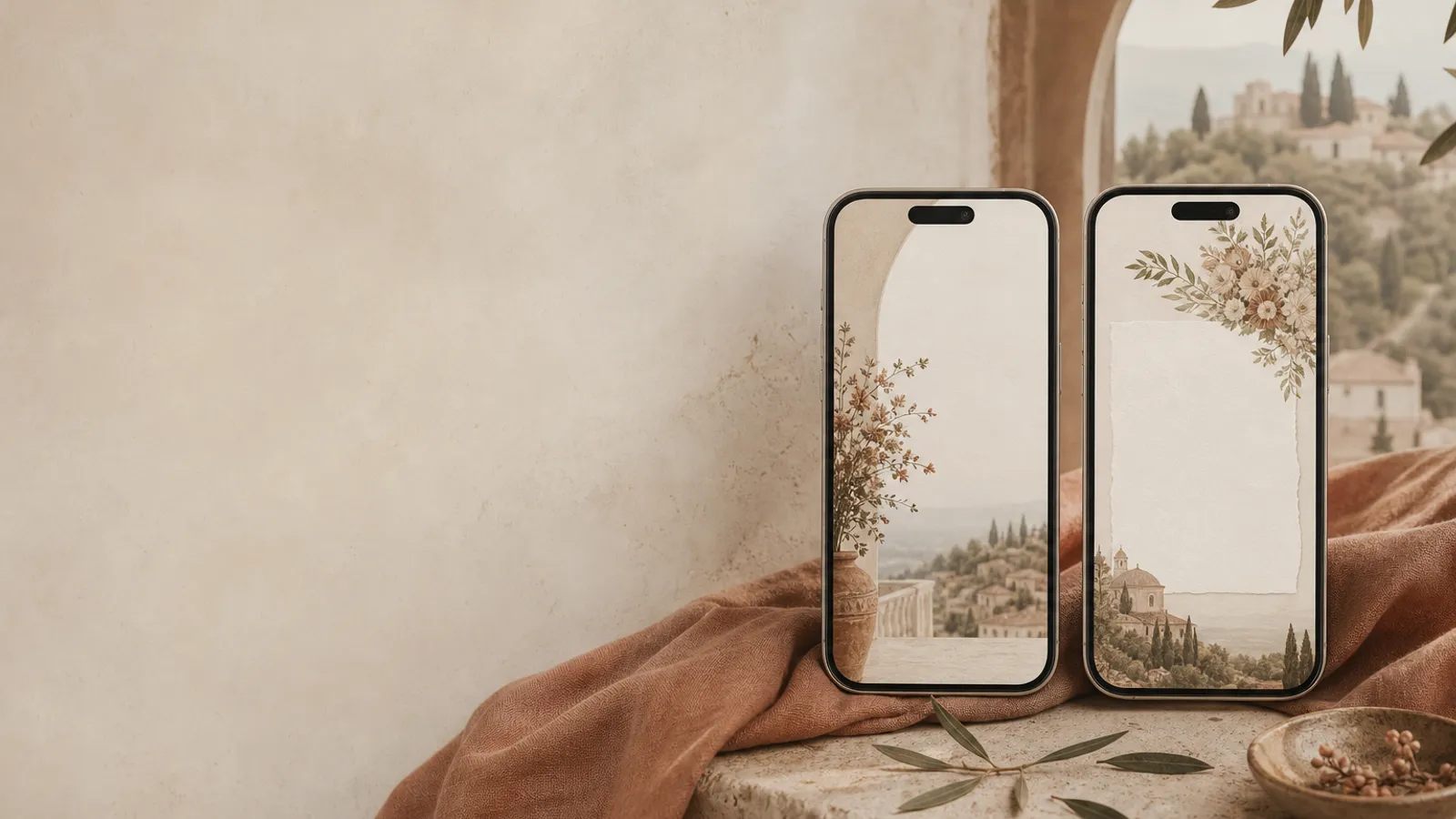 Two phones side by side, one showing a save-the-date and one showing a full wedding invitation