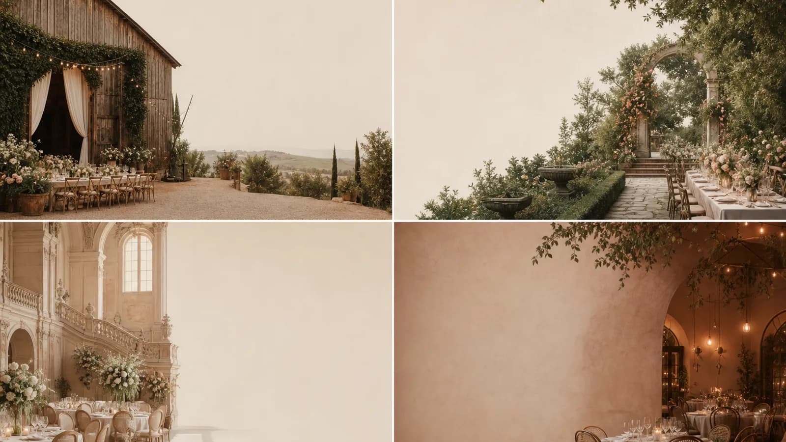 A grid of different wedding venue types: a barn, a garden, a grand hall and a restaurant