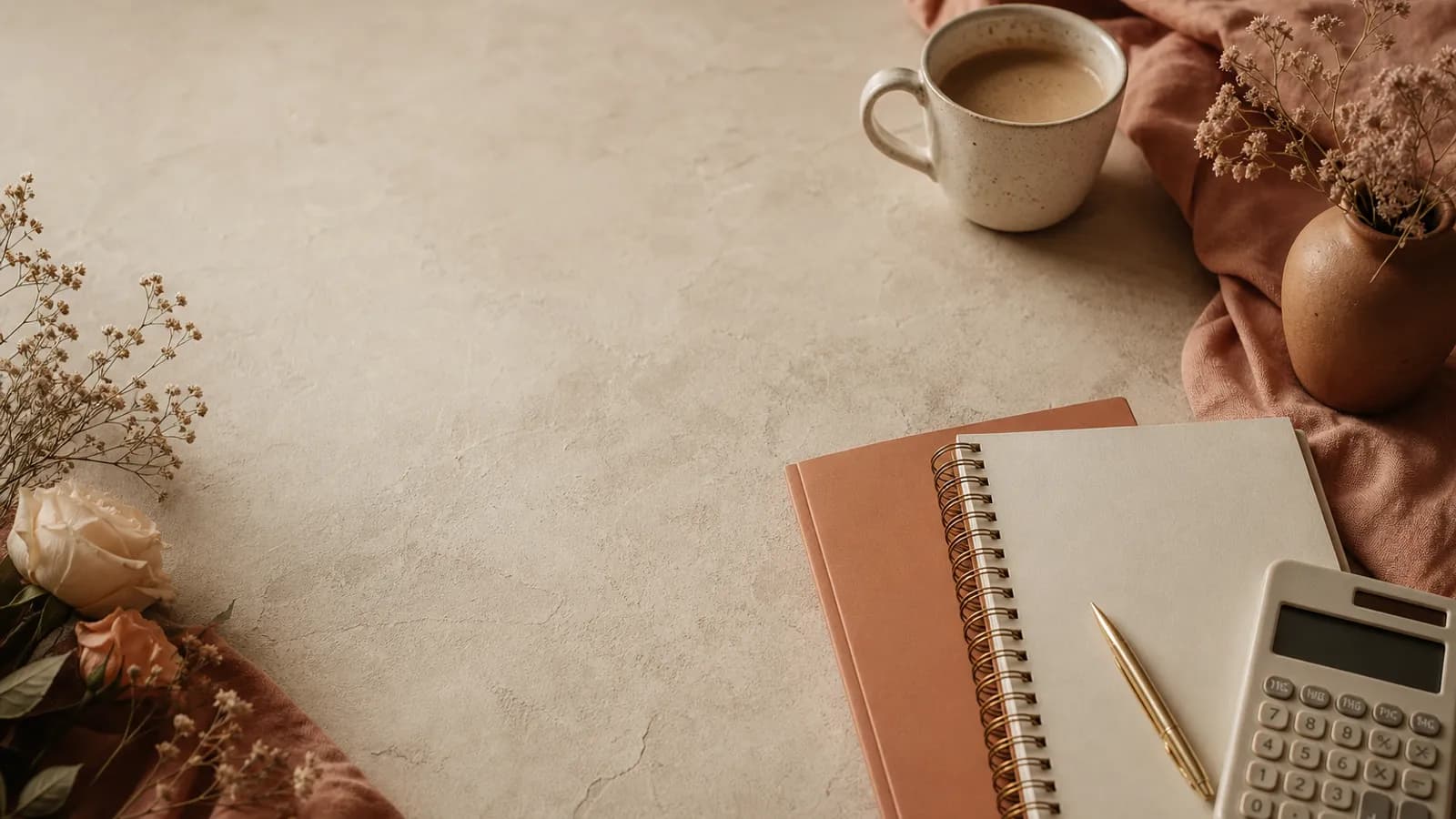 A budget notebook, a calculator and coffee on a warm-toned desk