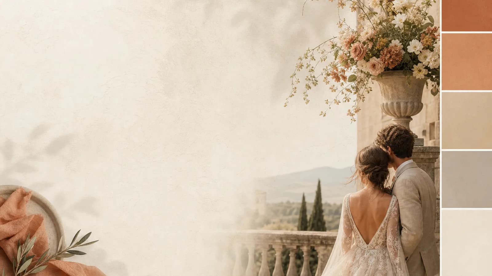 Several wedding color palette swatches arranged in warm, muted tones