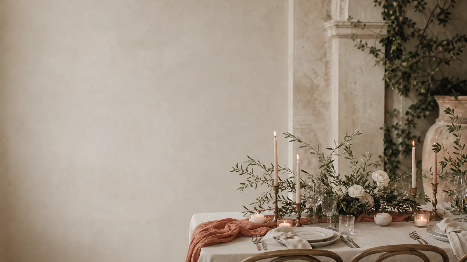 A simple, elegant wedding table styled with candles and greenery on a budget