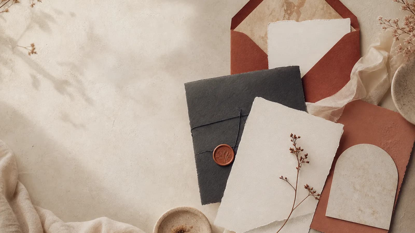 A flat lay of several wedding invitation styles in muted terracotta, ink and cream tones
