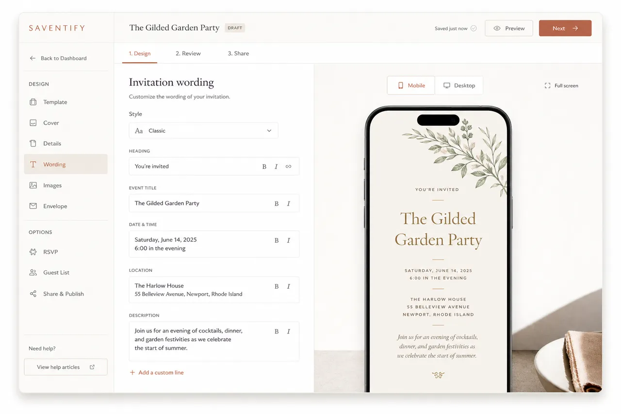 The Saventify editor showing invitation wording being edited with a live phone preview