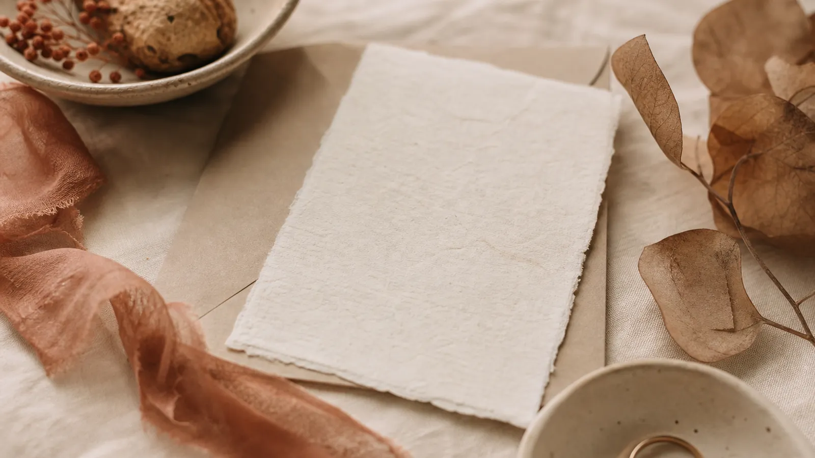 A wedding invitation with elegant typography laid on a cream linen surface