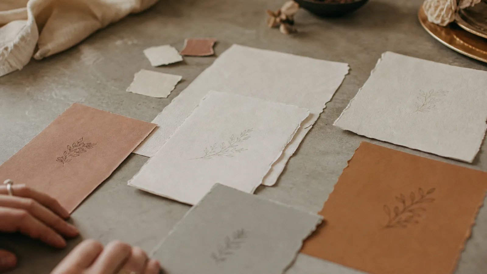 Several wedding invitation drafts with different wording laid out on a desk