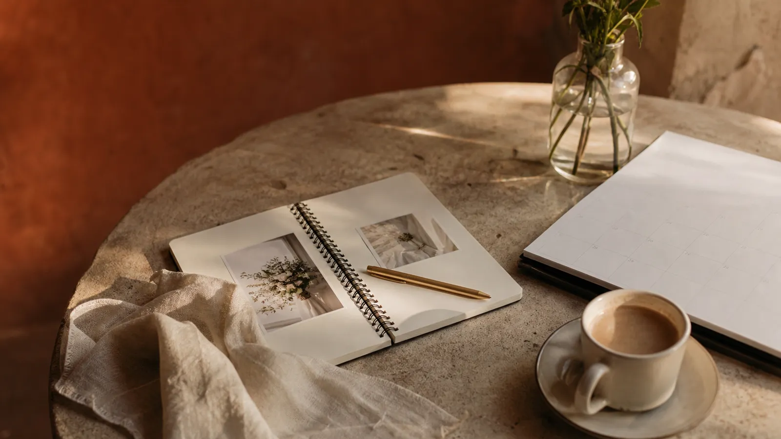 A planning notebook, a calendar and a coffee on a sunlit table