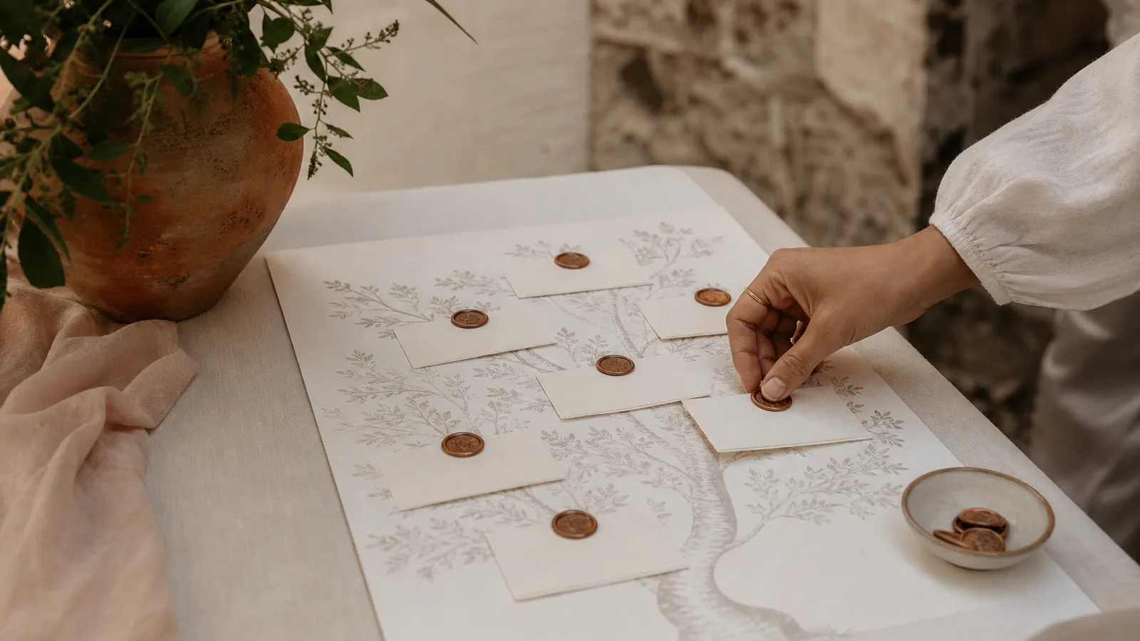 A hand arranging name cards on a printed table plan for a wedding