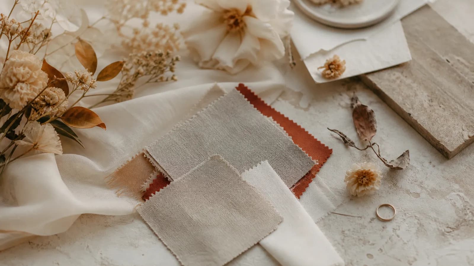 A wedding styling flat lay with a color palette, fabric swatches and dried flowers in warm tones