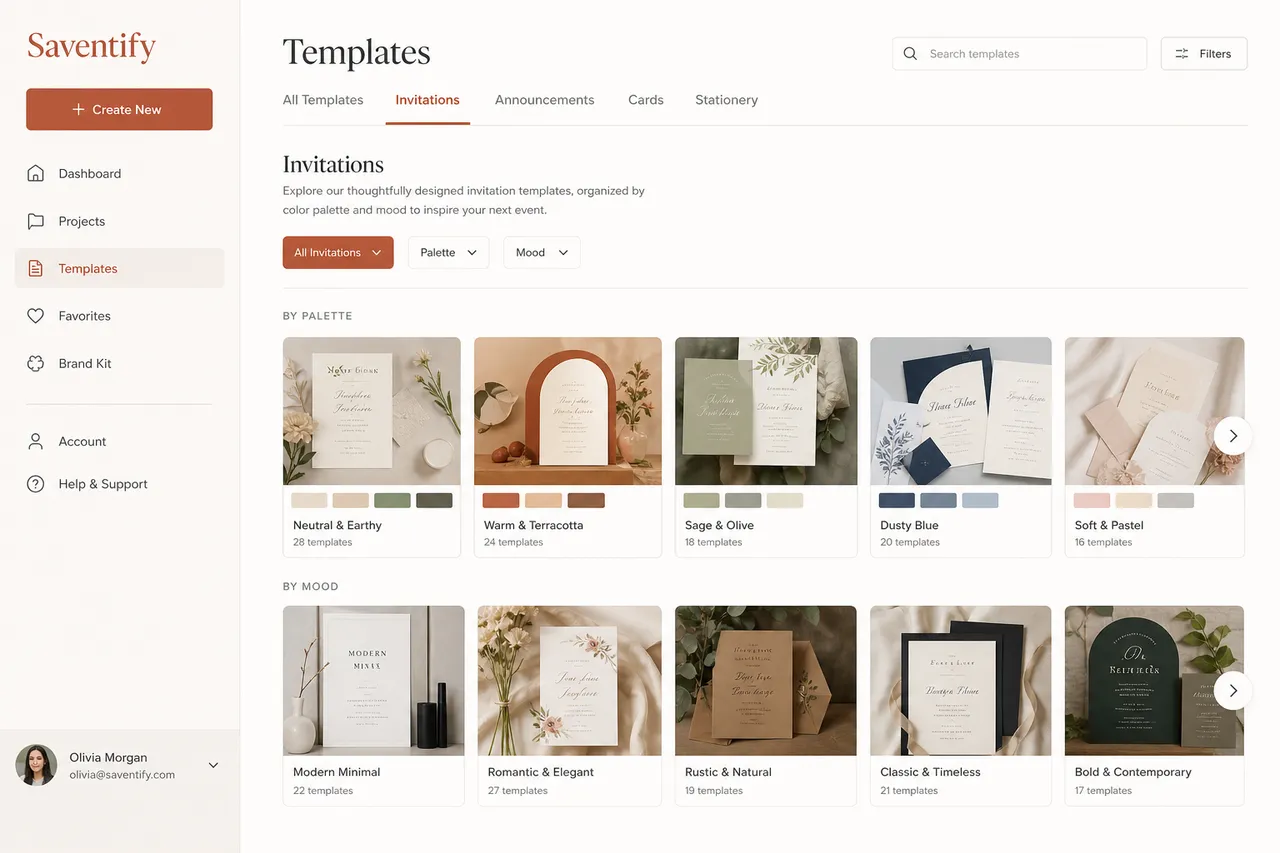 The Saventify template gallery showing invitations grouped by palette and mood