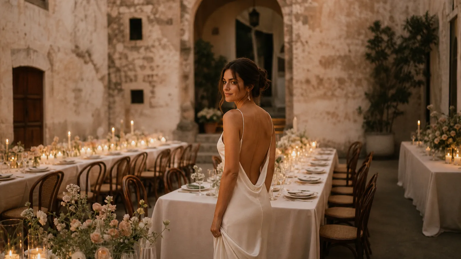An elegant wedding venue with long tables set under warm evening light