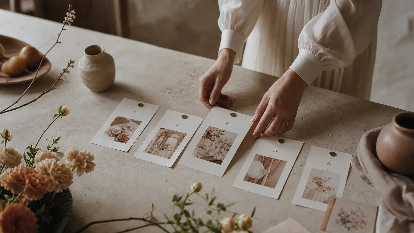 A flow of numbered planning cards laid out in sequence on a table