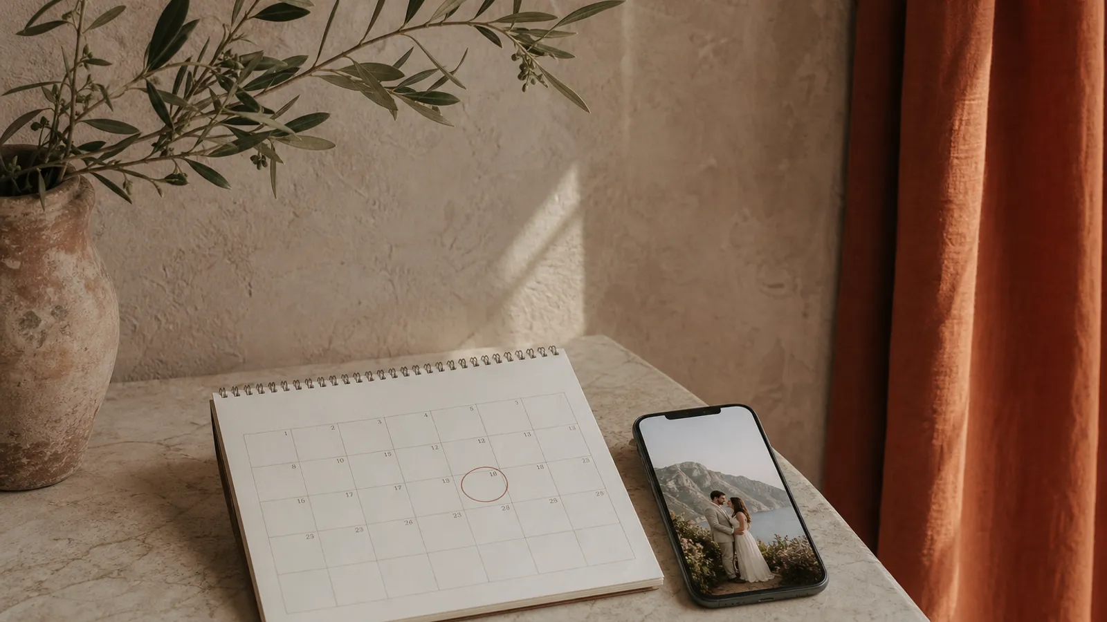 A calendar with a date circled beside a phone showing a save-the-date